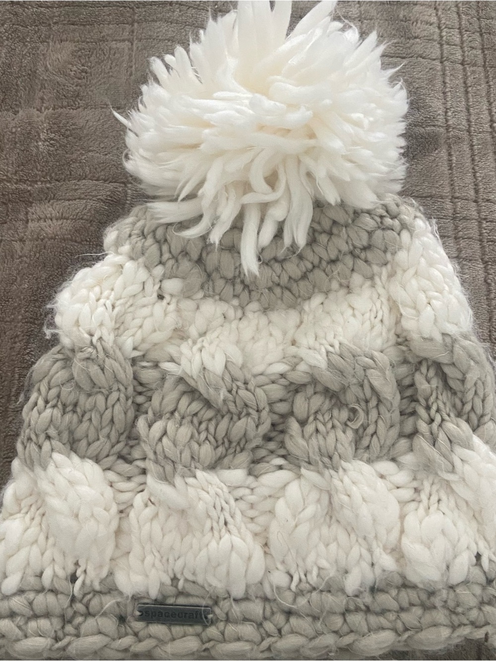 Chunky Knit Pom Beanie - Ivory and Light Gray Spacecraft Snowboard Pom hat